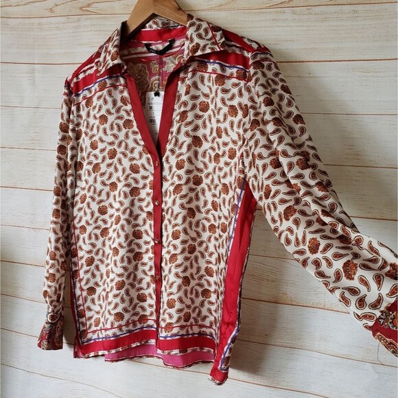 Zara Paisley Floral Printed Satin Button Front Shirt Blouse Women's Medium - Picture 13 of 16
